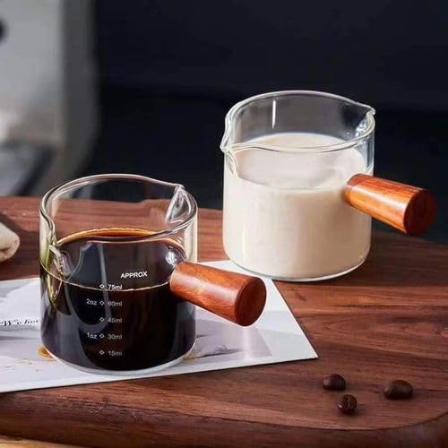 Glass Coffee and Milk Pitcher Set with Wooden Handle, 75ml Measuring Beakers