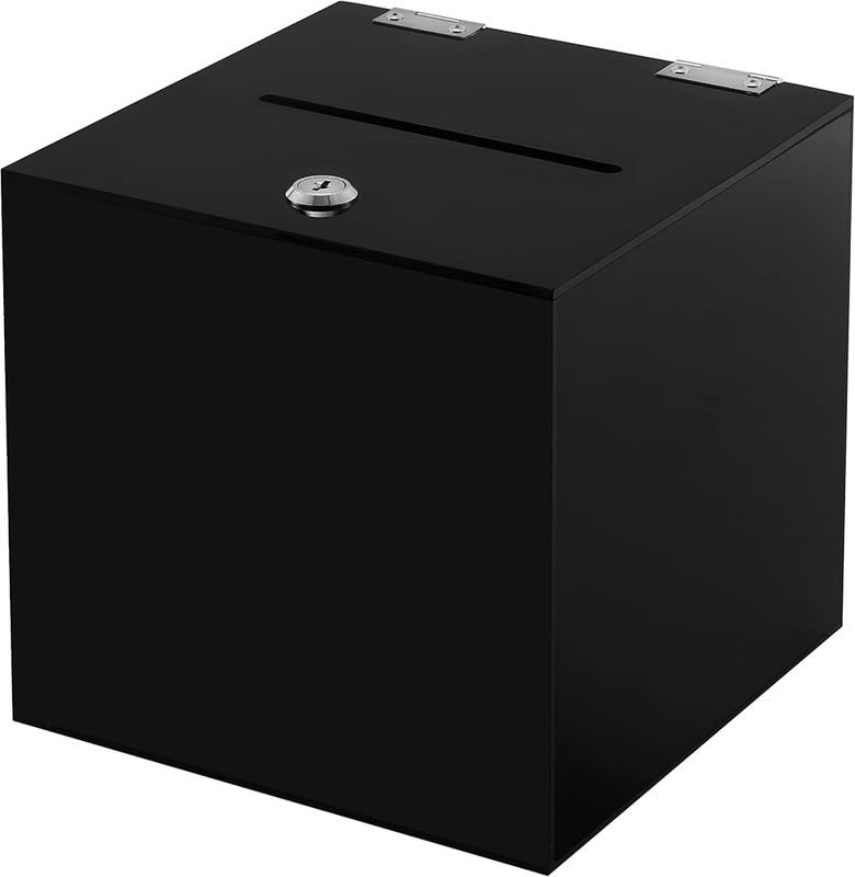 Best Media Acrylic Black Donation Box, Ballot Suggestion Box Money Storage Square Container for Voting, Charity, Ballot, Contest, Suggestions, 25.4 x 25.4 x 25.4 cm, Black