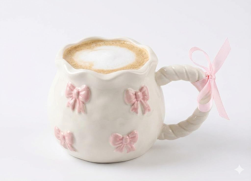 Next Store 3D Bowknot Ceramic Mug with Satin Ribbon, Braided Handle Coffee Mug, Ripple Edge, Cute Gift for Girls