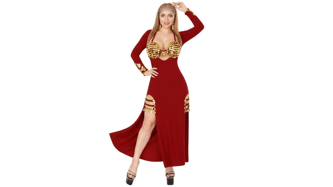 JAZZEEL Coin Embellished Galabeya Dress, Stretch Fabric with Gold Sequin Bra Design and Side Slits, One Piece Home Wear and Party Outfit for Women, Elegant Design for Occasions and Shows