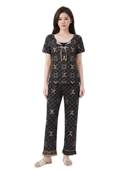 Women's Pajama Set 2 Pieces Half Sleeve T-Shirt and Long Pants Dark Gold Classic Pattern Soft Comfortable Fabric Fit Up to 85K