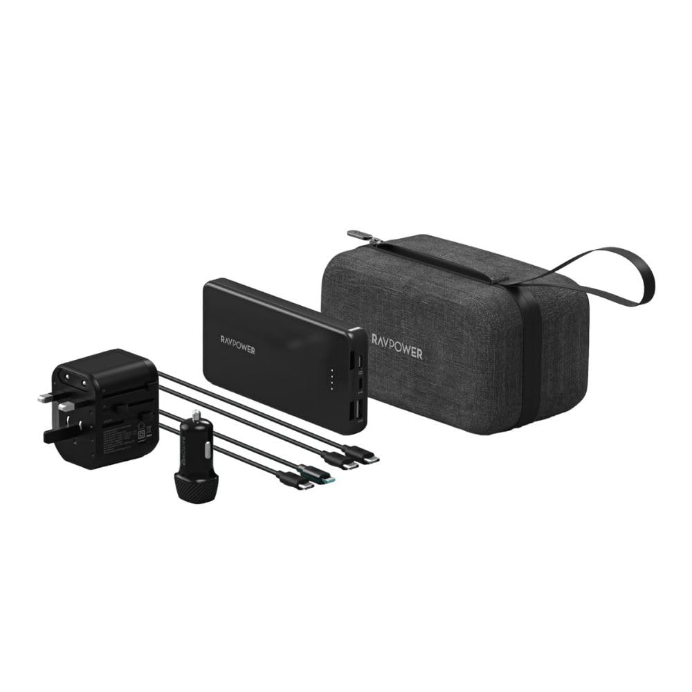 RAVPower PB1231 5-in-1 Travel Charging Combo – 10000mAh Power Bank, 20W PD 3-Port Wall Charger, 20W USB-C Car Charger, USB-C to Lightning & Type-C Cable, Travel Pouch - Black | 18-Month Warranty