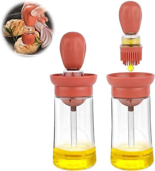 Glass Olive Oil Dispenser Bottle with Silicone Brush 2 in 1 for Kitchen Cooking Frying Baking BBQ Pancake (1, Red)
