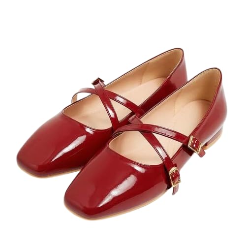 Women's Mary Jane Flat Shoes, Patent Leather, Square Toe, Cross Strap with Buckle-P0001