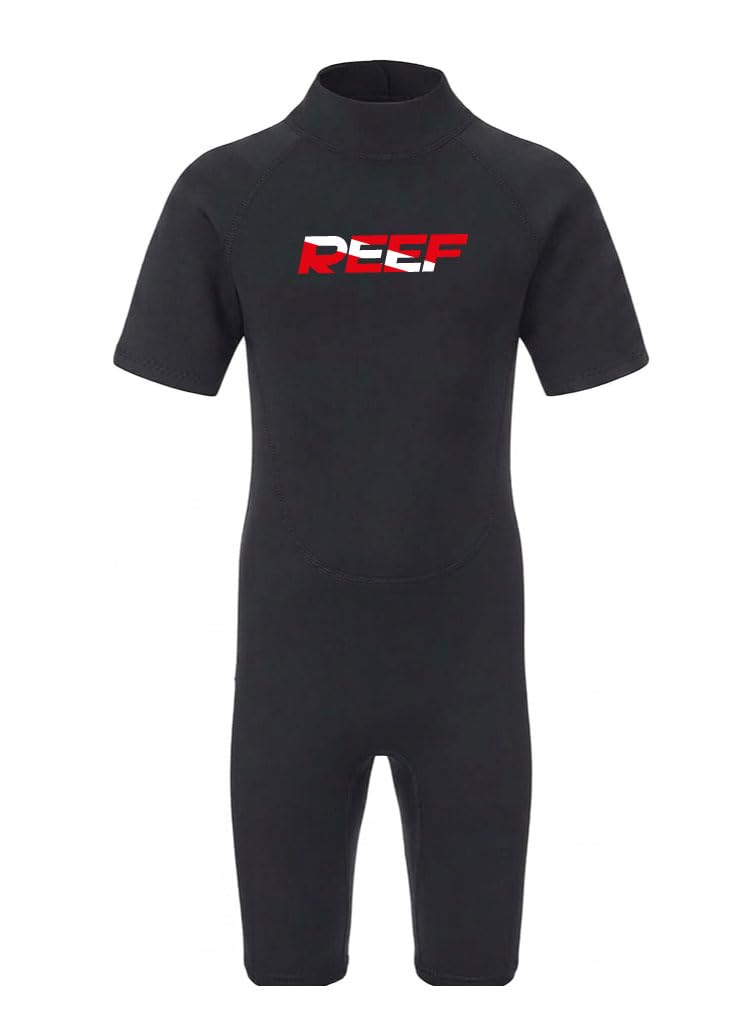 REEF Elite Series Kids Shorty Wetsuit, Black, 3MM Neoprene, Ultra-Flex, Back Zipper, for Swimming, Surfing and Diving بدله غطس شورتي اطفال