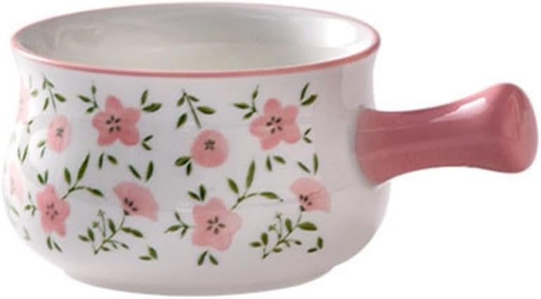 Floral Porcelain Casserole Dish with Handle, Heat Resistant Ceramic Serving Bowl, Oven & Microwave Safe Baking Dish, Pink Handle Flower Pattern Elegant Kitchen Serveware for Soup, Pasta, Home Dining