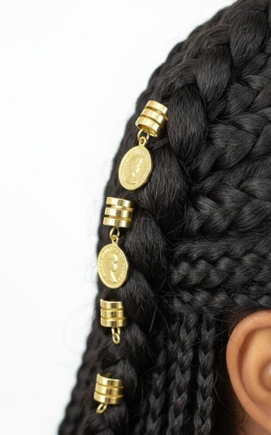 4 Pieces Gold Coin Cuff Bracelets for Braiding Ribbon or Afro Women Hair Braids, Aluminum Rings, Adjustable Metal Clips, Hair Decoration