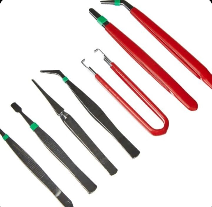 6 Piece Multi Purpose Tweezers Set, Stainless Steel, Red and Black, for Electronics and Precision