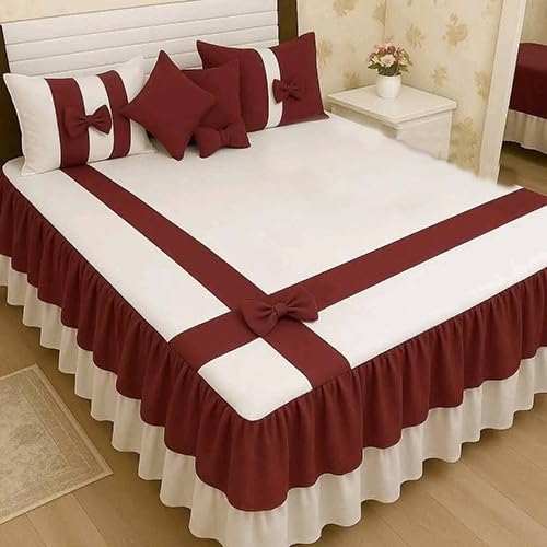 Elegant Bed Set with Ruffled Skirt, Burgundy and White, Decorative Bow Design, 5 Cushions Size (240x250) bed 160cm 2 pillows Cover Size (60X70). 2 cushions Cover (85X160) 1 sheet