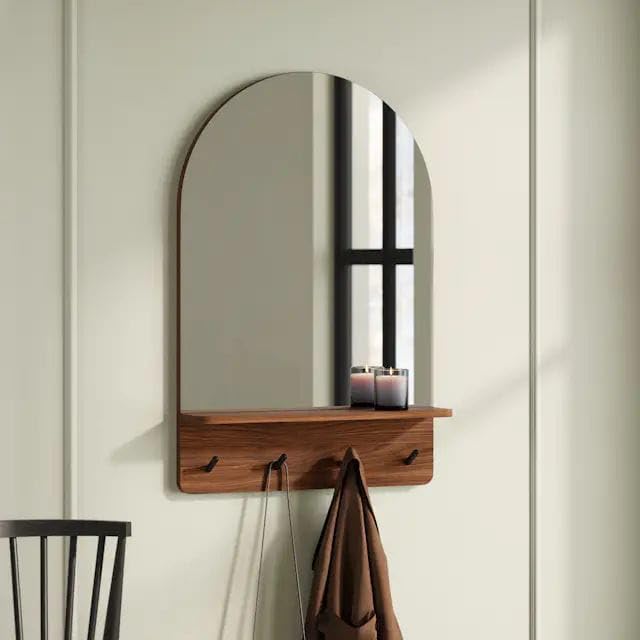Decorative Wall Mirror Shelf with Top Bracket and Hooks, Faux Wood Modern Design for Entryway