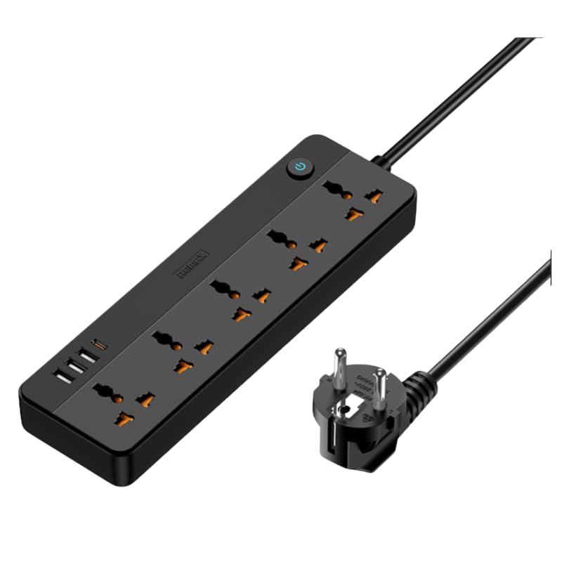 RE_MAX RP-U160 Kiddy Series Power Strip – 5 Sockets + 4 Ports (3 USB, 1 Type-C) – Black