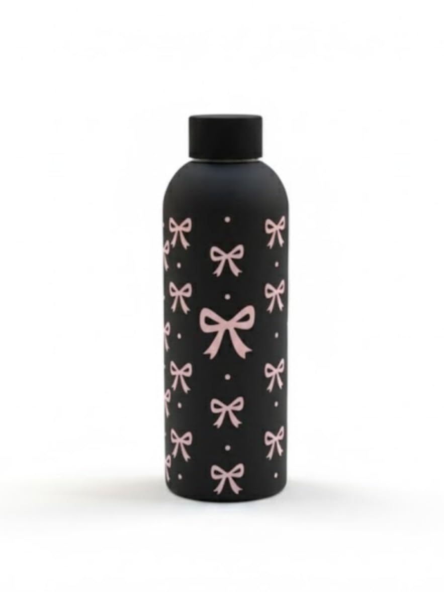 Downtown 500ml Stainless Steel Water Bottle, Black Thermal Flask with Pink Bow Pattern, Double-Wall Insulated Bottle for School and Office, Stylish Reusable Drinkware for Hot and Cold