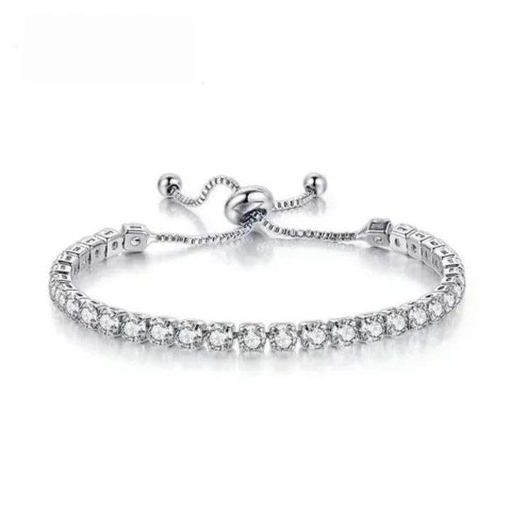 Adjustable Crystal Tennis Bracelet, Sterling Silver, Sliding Clasp, Clear Cubic Zirconia, Elegant Design