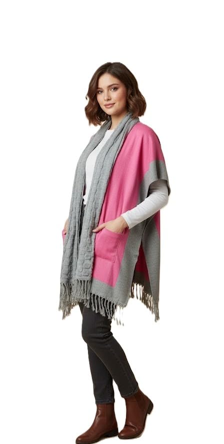Winter Wool Knitted Tassel Shawl Cap for Women Pink and Grey