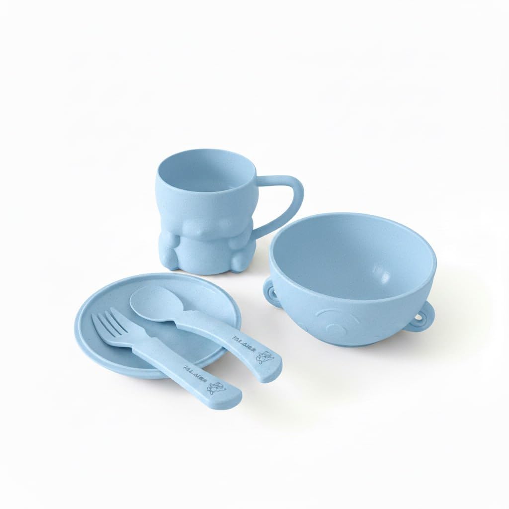 Modern 5-Piece Dinnerware Set - Includes 2 Plate, Spoon, Fork, and Cup - Perfect for Snacks, Breakfast, and Dinner - Durable and Easy to Clean Design (Blue)