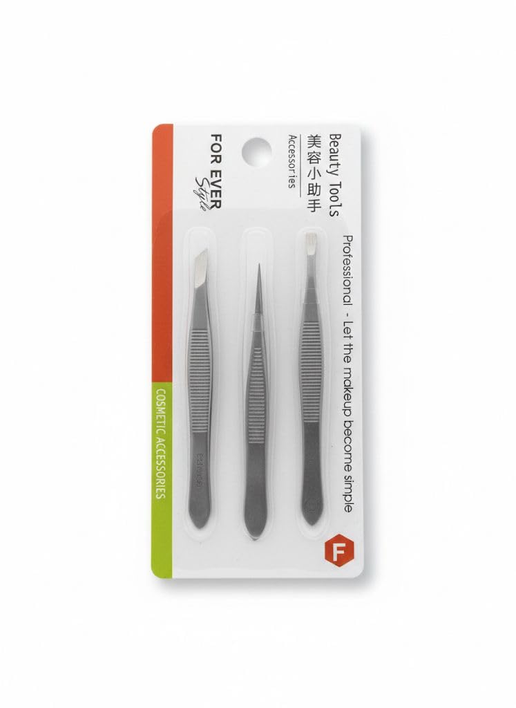 Professional Tweezers for Eyebrows, Eyelashes and Makeup, 3 Different Pieces, Stainless Steel - All Purpose