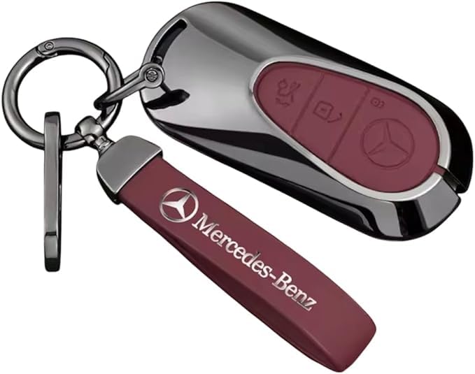 Ecosystem Premium Car Key Case Cover, Zinc Alloy with Leather Shell, Compatible with Mercedes-Benz Key C E S G Class W223 W206 C260 C300 S400 S450 S500 2022-2026, Smart Remote Keyless Entry (Red wine)