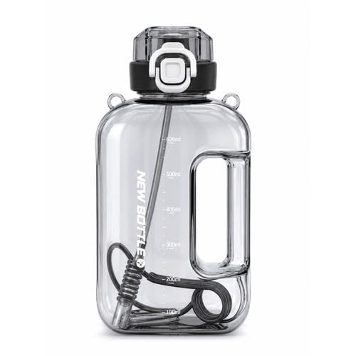 Large Capacity Sports Water Bottle with Inner Straw Ergonomic Handle Tight Lid for Daily Use and Sports Activities (Black)