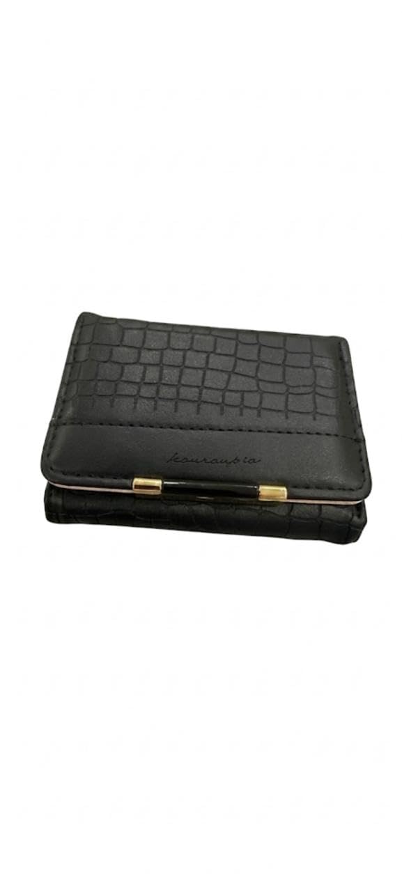 GOGO Leather Wallet, Croco Embossed, Gold-Tone Hardware, Compact Bifold-B3 (BLACK)