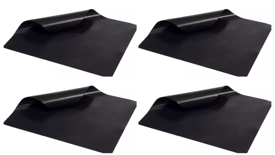 BBQ Grill Mat Teflon Fibre – Non-Stick Reusable Barbecue & Oven Mat Sheet – Heat Resistant Up to 260°C – Black Grill & Oven Liner for Healthy – 400x330mm (Two pack (4 pieces))
