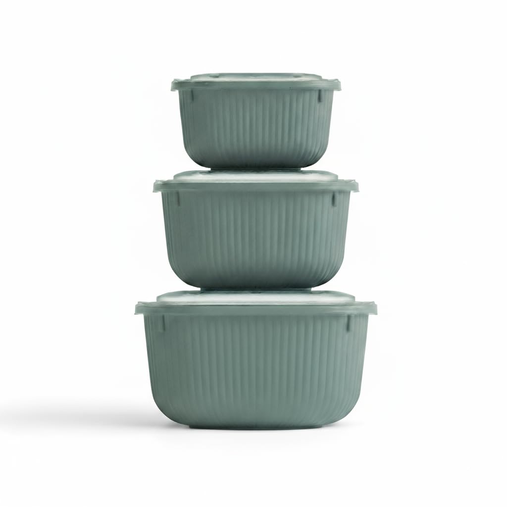 3 Pcs Square Food Storage Container Set with Snap Lids – Line Series BPA-Free Airtight Bowls (600 ml, 1100 ml, 1800 ml) Microwave-Safe Bowl only without the lid (Green)