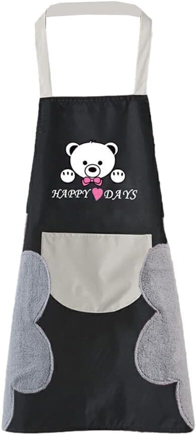Premium Waterproof Kitchen Apron with Cute Teddy Bear Design in Cotton Linen Fabric with Built-in Side Towel, Large Front Pocket and Adjustable Strap – Stylish and Practical