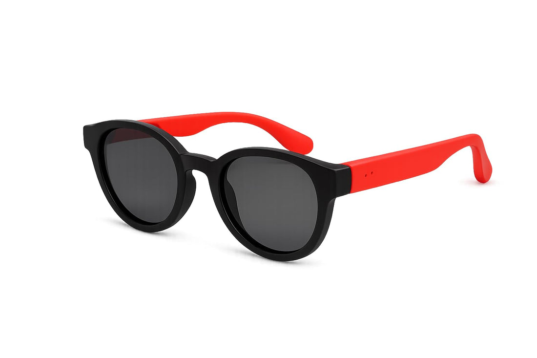 Children's sunglasses with a round design, case, and cleaning cloth. Safe and stylish, with durable, unbreakable arms. Suitable for everyday wear and the beach. Unisex For ages 2 to 6 years.