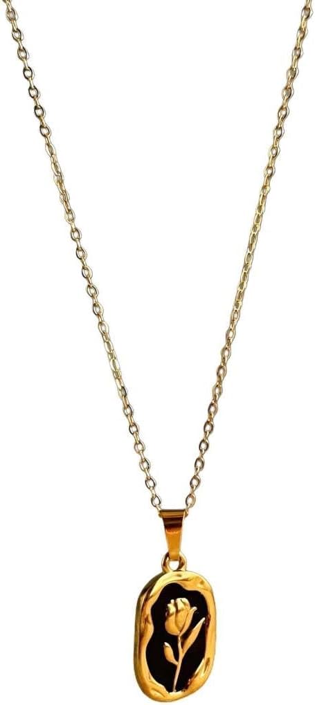Vintage Gold Rose Flower Pendant Necklace for Women Stainless Steel with Metal Tulip Chain Jewelry Gift