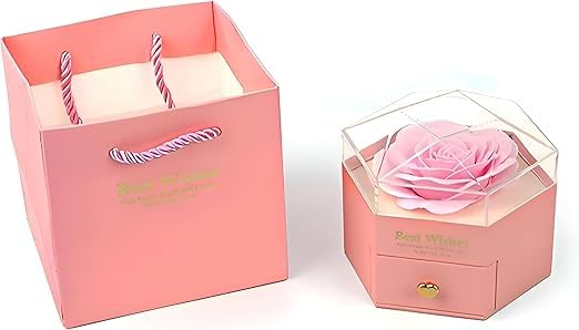 Beautiful Romance souvenir box a hexagonal with eternal flower Gift Box Necklace Ring Earring Bracelet Bangle Jewelry for Valentine's Day Mother's Day Wedding Anniversary Birthday (PINK)