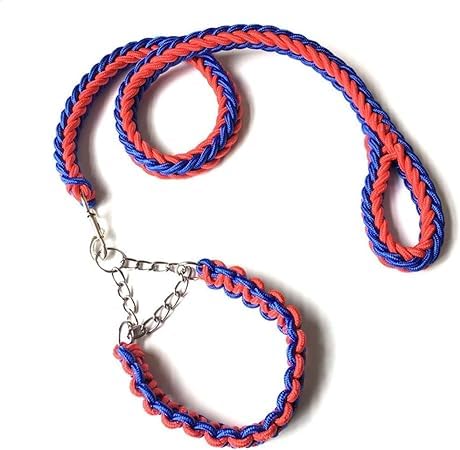 Dog Rope Heavy Duty Dog Woven Leash Collar Set Nylon Eight Strand Braided Lead Pet Walking Training Rope Non-slip Handle Collar for Large (Red&Blue)