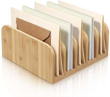 Tazweeq Desk Mail Organizer, Bamboo File Holders, Countertop Paper Organizer, Letter Sorter, 5 Compartments Envelope Holders with Anti-Slip Mat for Home Office School Desktop Document Storage
