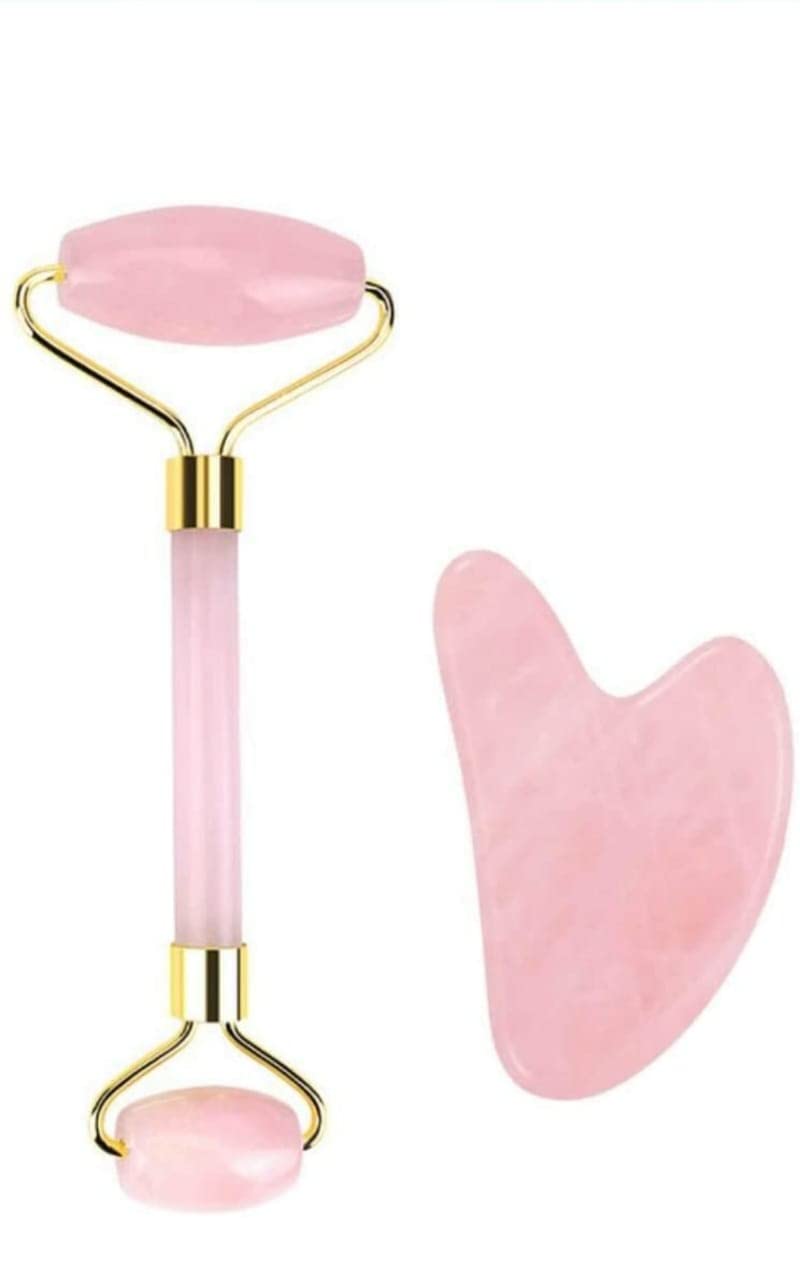 Happychiksa Natural Rose Quartz Face Roller & Guasha Set - Refrigerator Friendl y, Reduces Finelines and Wrinkles, Massager for Face, Eye, Neck