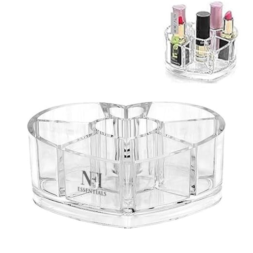 NFI essentials Heart-Shaped Clear Acrylic Makeup Organizer – 6 Compartment Cosmetic & Stationery Holder for Vanity, Desk & Bathroom – Multipurpose Plastic Storage Stand