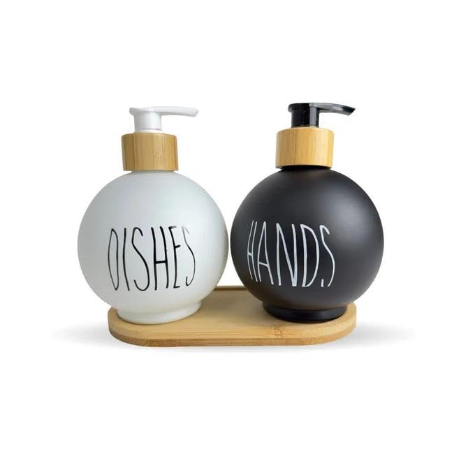 Modern Soap Dispenser Set with Bamboo Base – Hands and Dishes Bottles for Kitchen Counter, Bathroom Sink & Dishwashing Liquid