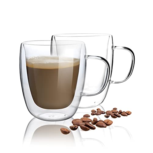 12 oz Double Walled Insulated Glass Coffee Mugs Set of 2, Clear Coffee Cup with Handle for Espresso Cappuccino Latte Tea Milk Juice