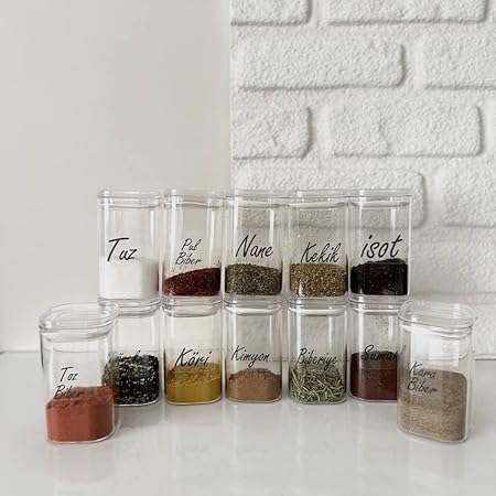 Generic Clear Acrylic Spice Jar Set, Square Shape, Airtight Black Seal, Transparent, with Waterproof Labels, 250ml, 12 Pieces, .nin