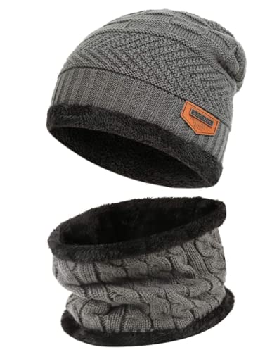 2 Pcs Daddy and Me Beanie Winter Thick Hats Extra Warm Beanie Hat and Circle Scarf Warm Knit