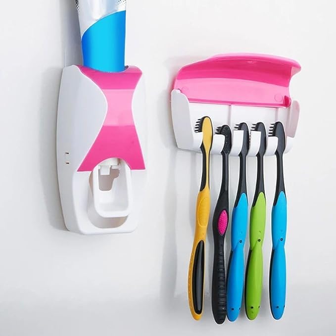 Automatic Toothpaste Dispenser and Wall-Mounted Toothbrush Holder Set, Pink and White, 5-Brush Capacity