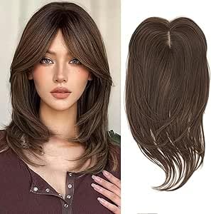 Hair Topper Clip in Bangs, 3D 360° Cover Hair Topper- 4 CLIPS for Women with Thinning Hair, 18 Inch Fluffy Toppers Hair Pieces for Women- 32 CM TO 38CM (JW297-N8-MEDIUM BROWN)
