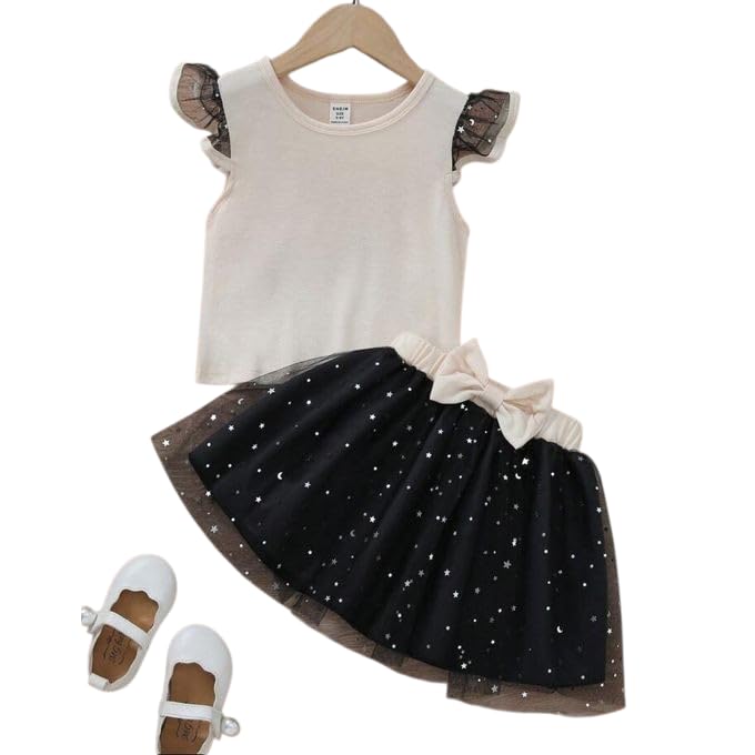 Baby Girls Clothes Set Beige Ruffle Sleeve Blouse Black Skirt Silver Stars with Bow 2-5 Years