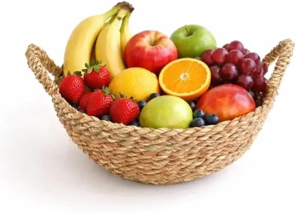 Hand-Woven Seagrass Fruit Basket with Handles, Natural Rustic Style, Wicker Design