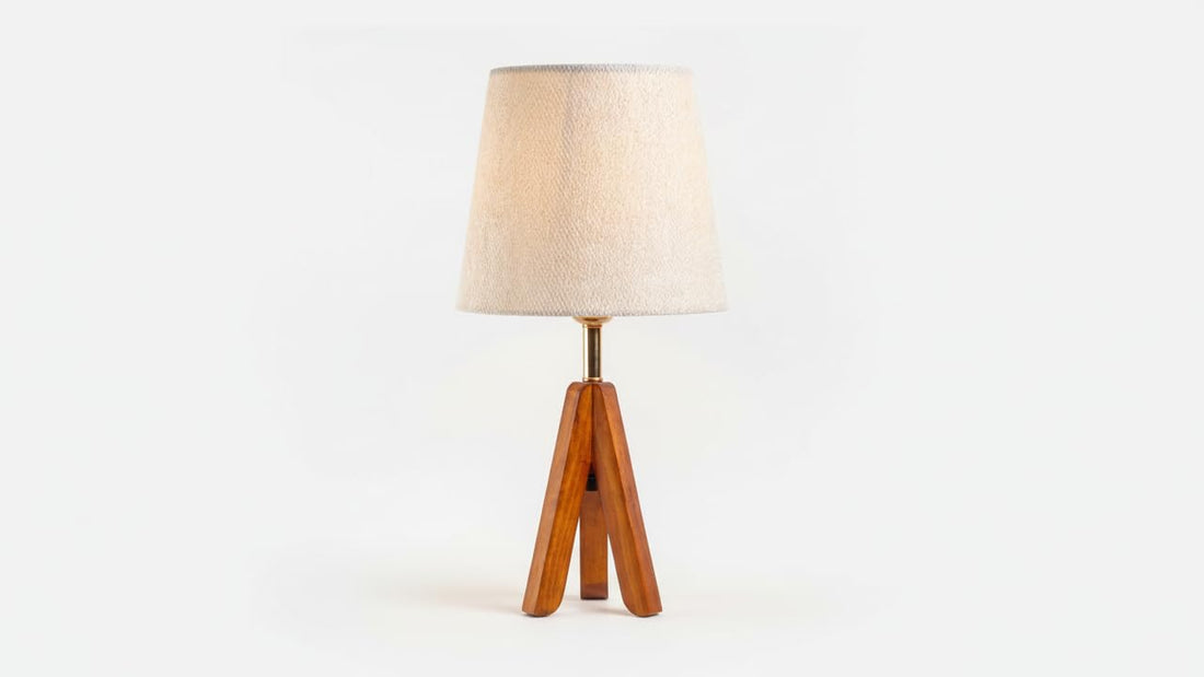 Oops Modern Table Lamp – Brown Beech Wood Tripod Base with Linen Fabric Shade – Soft Warm Ambient Lighting – Elegant White Design – Suitable for Bedrooms & Home Décor – E27 Bulb