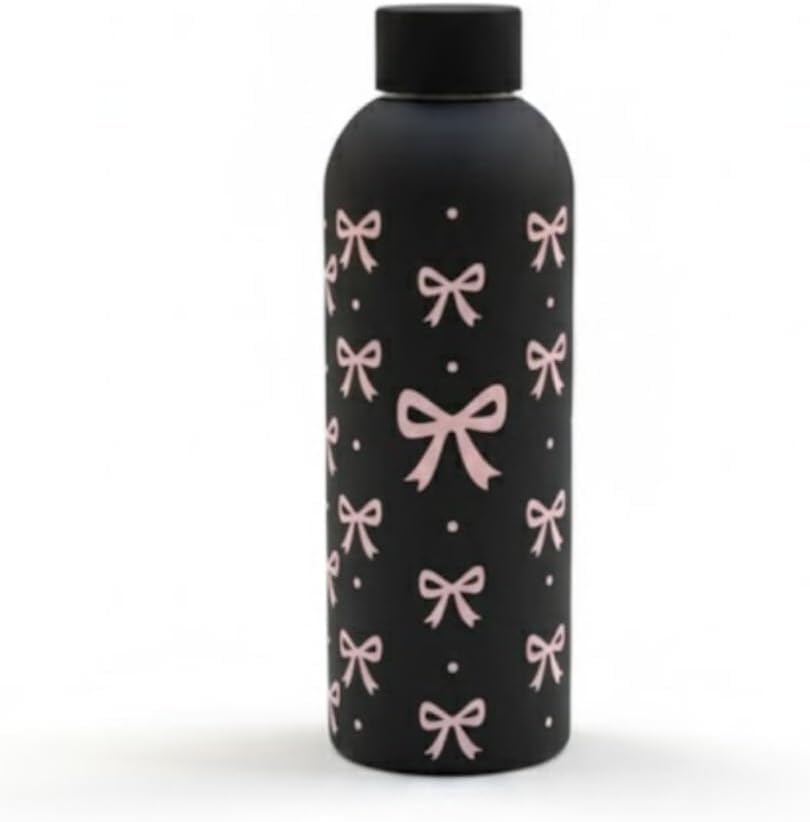 Matte Stainless Steel Insulated Water Bottle with Bow Design 500ml Double Wall Vacuum Flask Leakproof Travel Coffee Mug for Hot and Cold Drinks