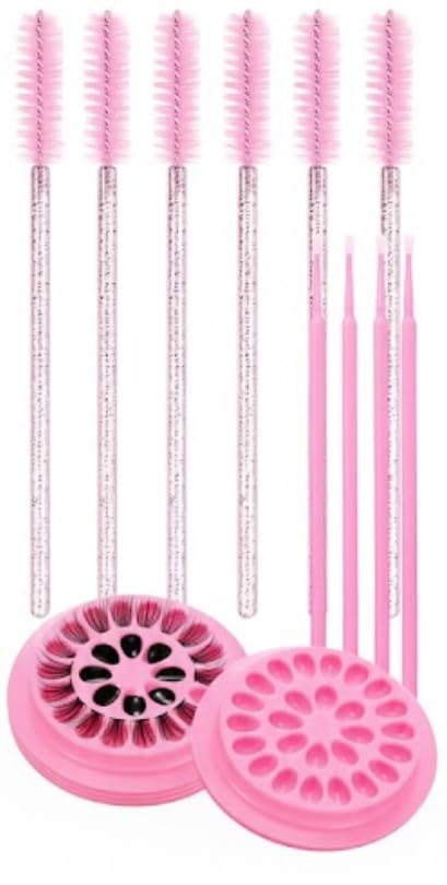 5Pieces False Eyelashes Glue Holders Pink Flower Shape Glue Pallet Pad with 3PCS Mascara Wands Disposable Eyelash Eyebrow- 10 PCS Micro Applicator Brushes Make Up Mascara