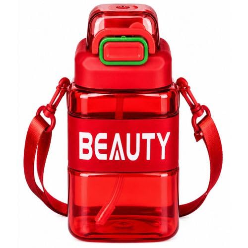 Fashion Sports Water Bottle with Carrying Strap and Inner Straw with Secure Lid, Suitable for Gym, Travel and Daily Use (Red)