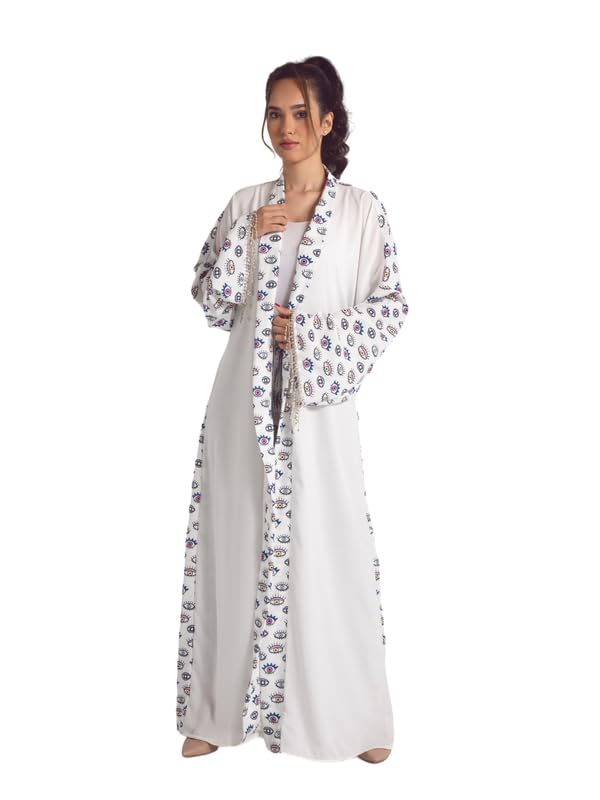 COZY UP IN STYLE – Embroidered Kaftan with Colorful Eye Print, Perfect Blend of Comfort and Elegance for Lounging, Bohemian Style with Vibrant Embroidery, Casual and Relaxed Fit