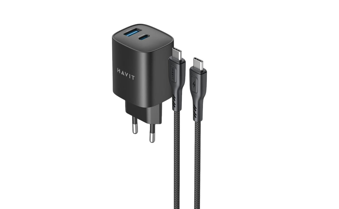 ST932 EU 30W GaN CHARGER WITH USB-C TO USB-C, EU- 60W Nylon Black. Compatible with smartphones, tablets, laptops, Nintendo Switch, and other USB-C devices.
