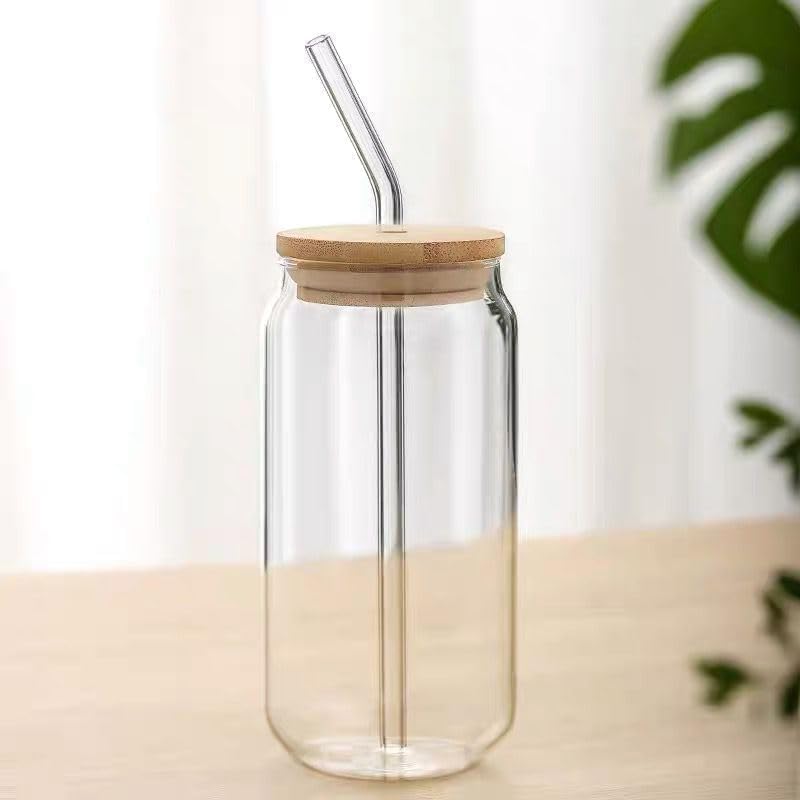 Glass Mug Set 2pcs Can Shape with Wooden Lid & Glass Straw, Heat Resistant Borosilicate Cups for Coffee Juice Smoothies Hot Cold Drinks Stylish Durable Drinkware Set