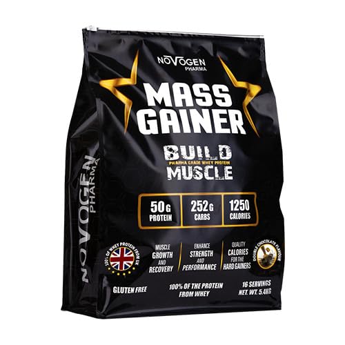 Novogen Mass Gainer Protein Powder, 5.40 kg, 50g Protein, 252g Carbs, Double Chocolate, 16 Servings