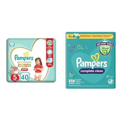 Pampers Premium EXTRA CARE Pants, Size 5, 12-18 Kg, with Lotion with Aloe Vera, 40 diapers. +Wipes